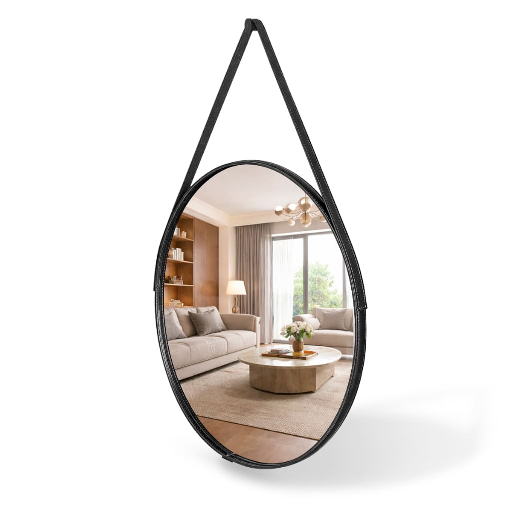 Espelho Redondo Adnet Decorativo com Alça em Couro Premium + Kit de Instalação Completo