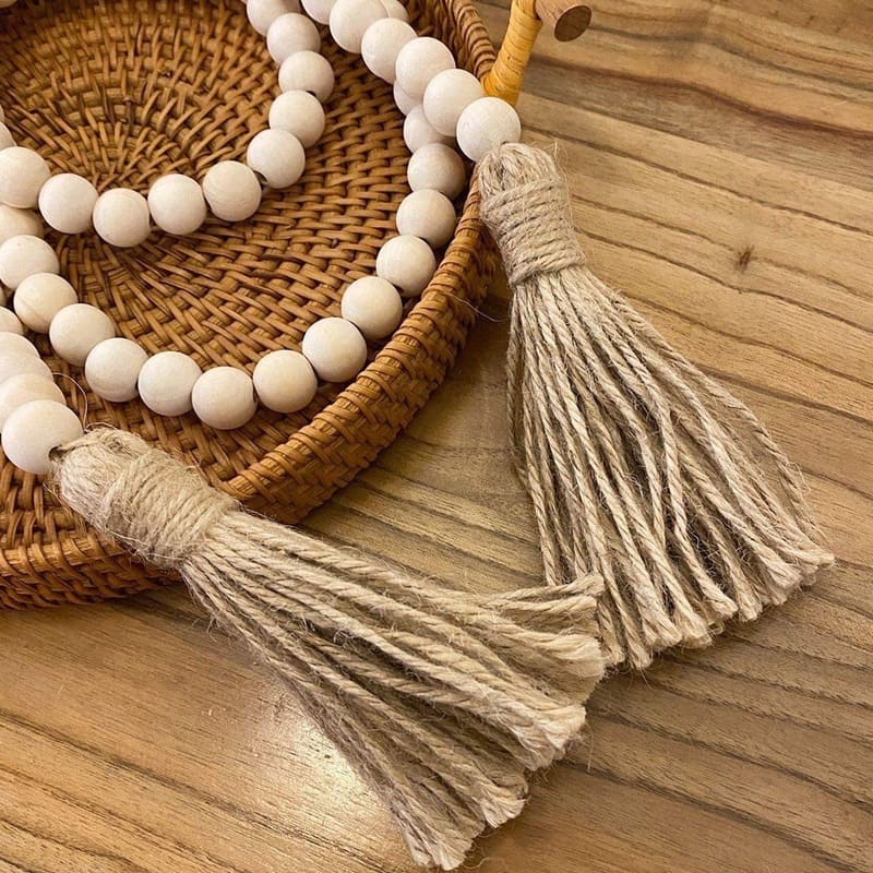 Guirlanda Boho de Contas de Madeira Natural com Borlas de Juta (80cm)