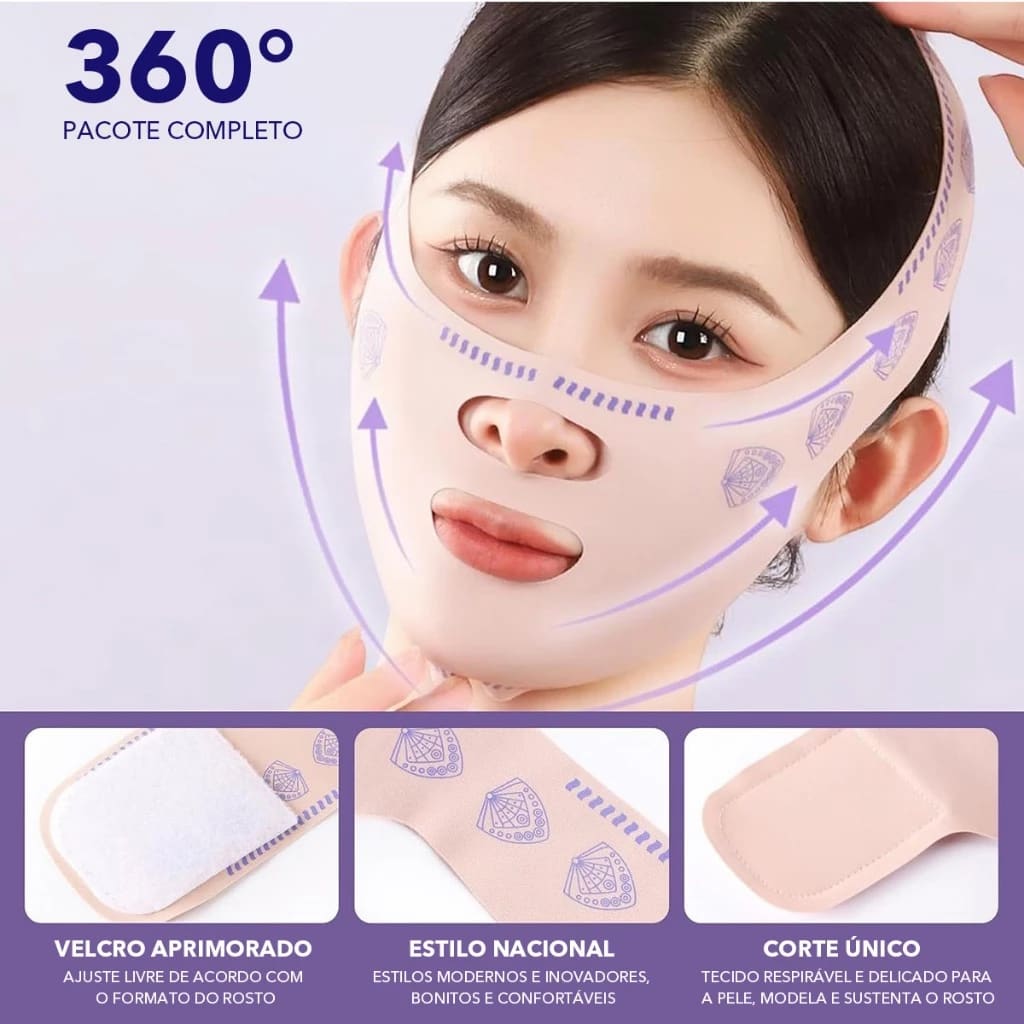 Faixa Modeladora Facial Levantamento Físico 360° - Reduz Queixo Duplo, Rugas e Define Rosto V - Dia/Noite