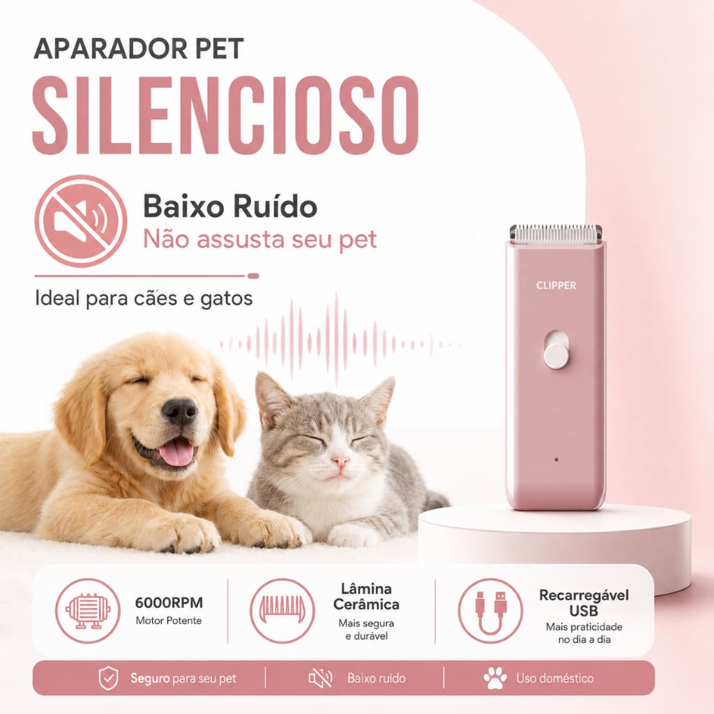 Aparador Pet 6000 RPM — Silencioso, Recarregável e Lâmina de Cerâmica