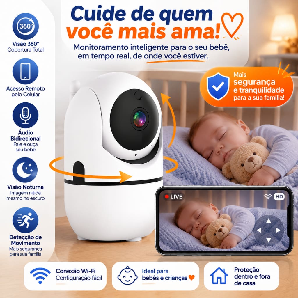 Babá Eletrônica Câmera de Segurança WiFi 360° Full HD 1080p Visão Noturna Infravermelha Áudio Bidirecional Rastreamento