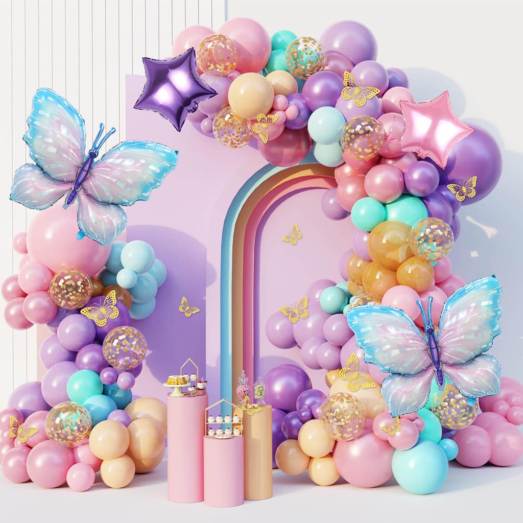 Kit 148 Balões Liso e Borboleta Coloridos Para Aniversário e Festa Infantil M1037