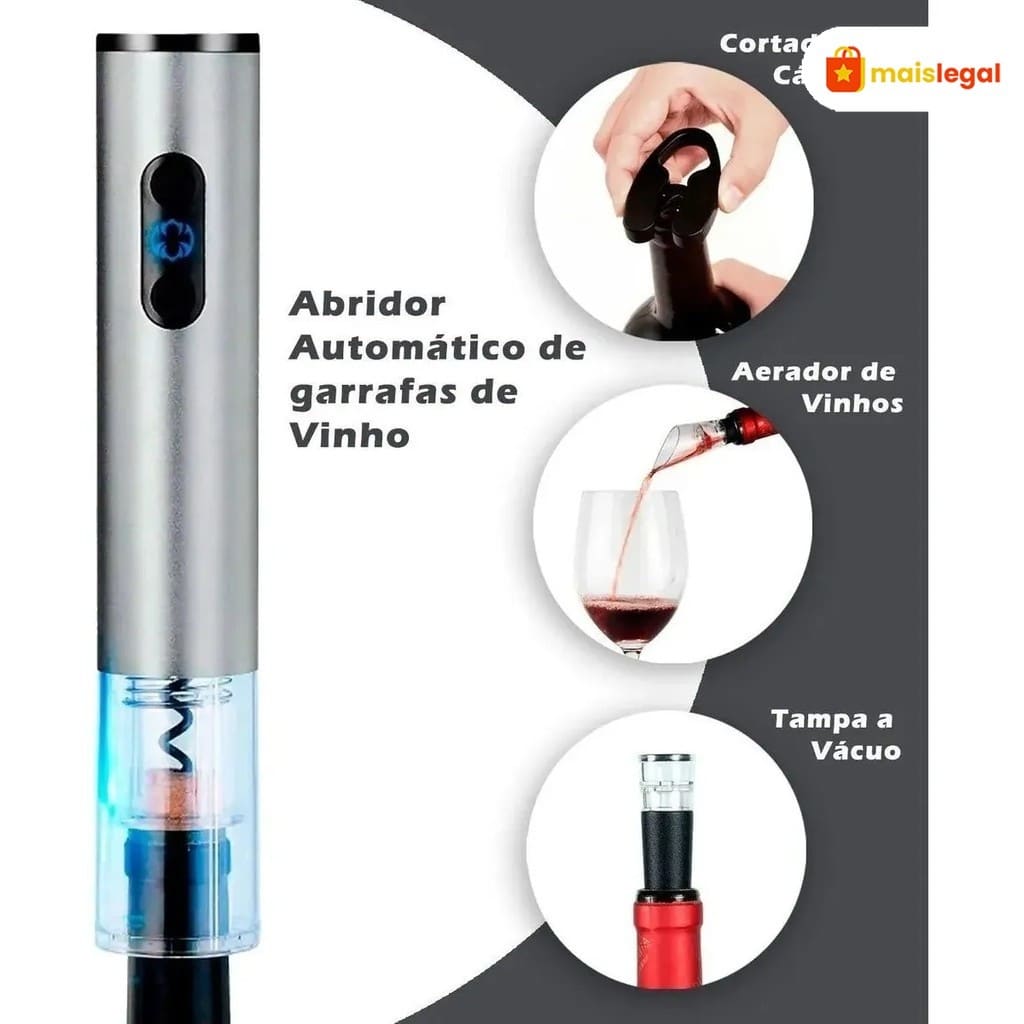 Abridor De Garrafa Vinho Elétrico Automático Saca Rolha A Pilha Presente Elegante