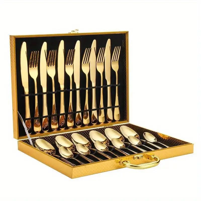 Kit Faqueiro Maleta De Talheres Inox 24 Peças Com Dourado Chique