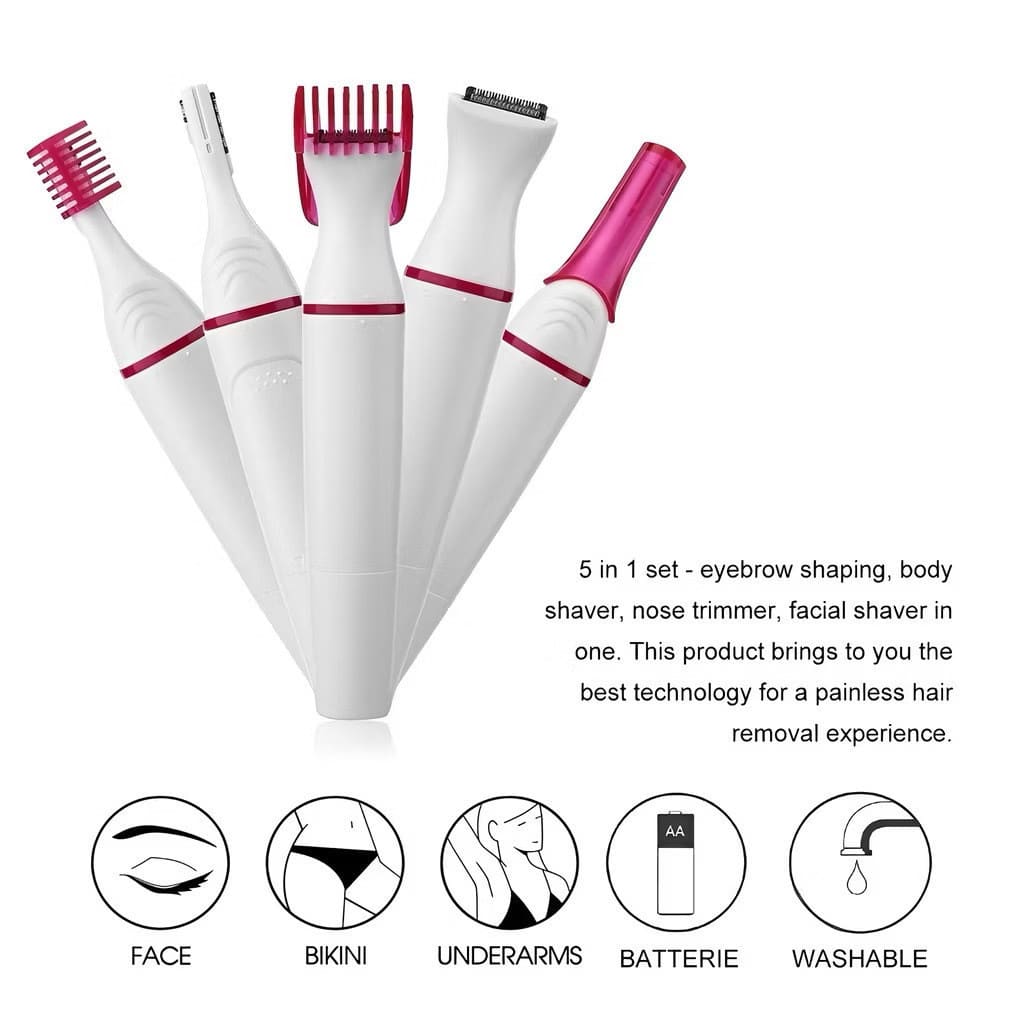 Depilador Feminino 5 em 1 Recarregável USB Sobrancelha Rosto Nariz Região Íntima Removedor de Pelos Portátil