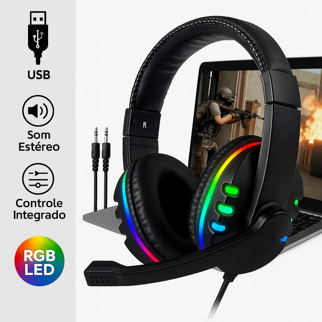Headset Fone Gamer Led RGB com microfone USB e P2 Para PC Computador Celular Headphone Videogame