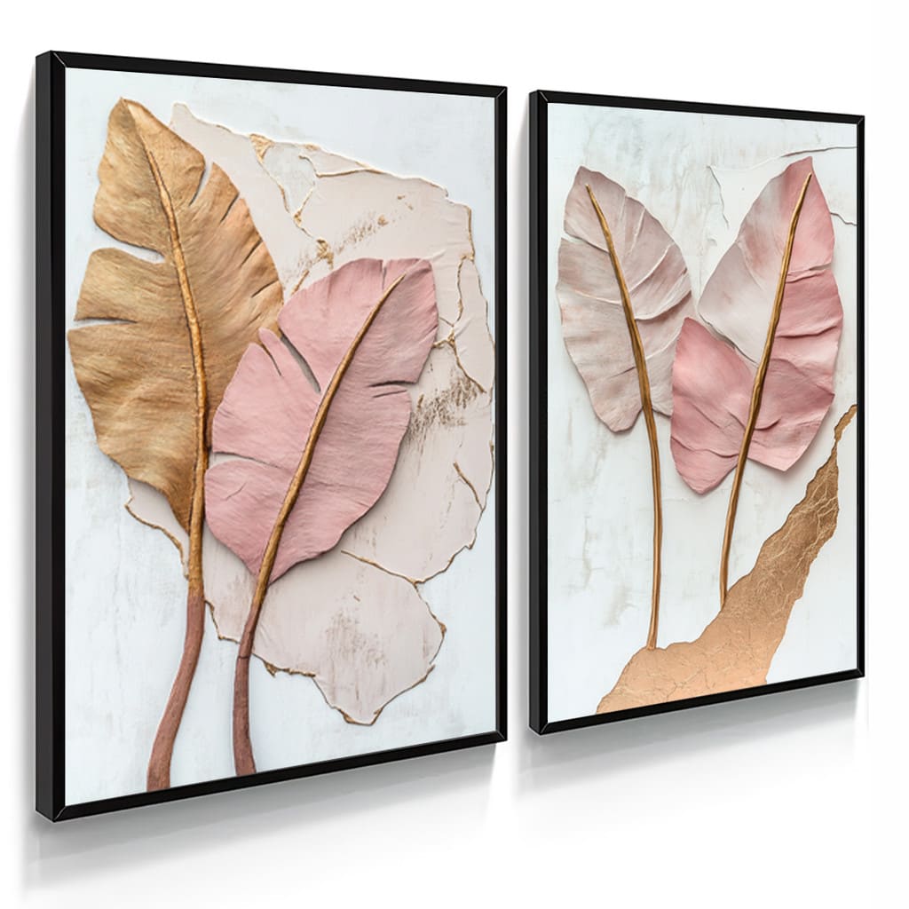 Kit 2 Quadros Folhas Douradas e Rosê Relevo Texturizado Tropical Moderno Elegante Com Moldura