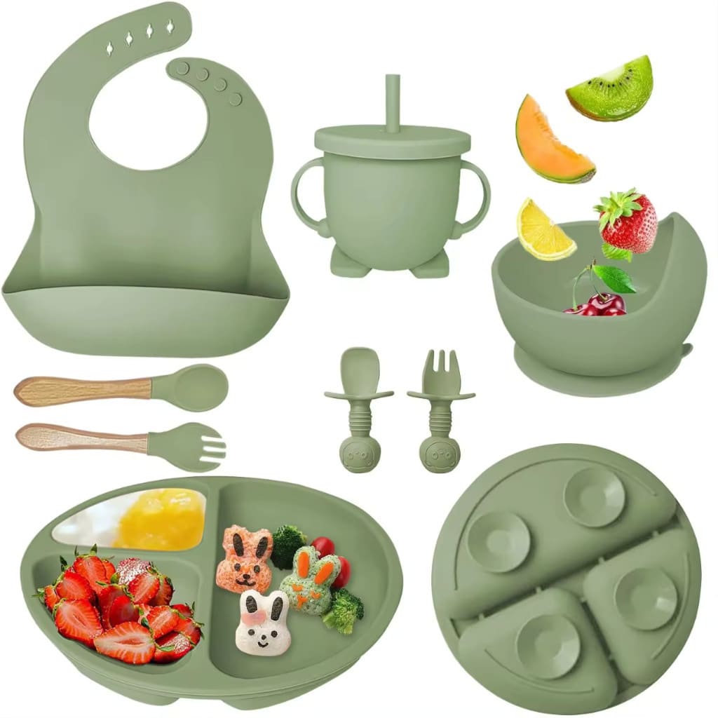 Kit 8pçs Talheres de Silicone p/ Bebê com Ventosa, Colher, Garfo, Canudo e Babador Infantil