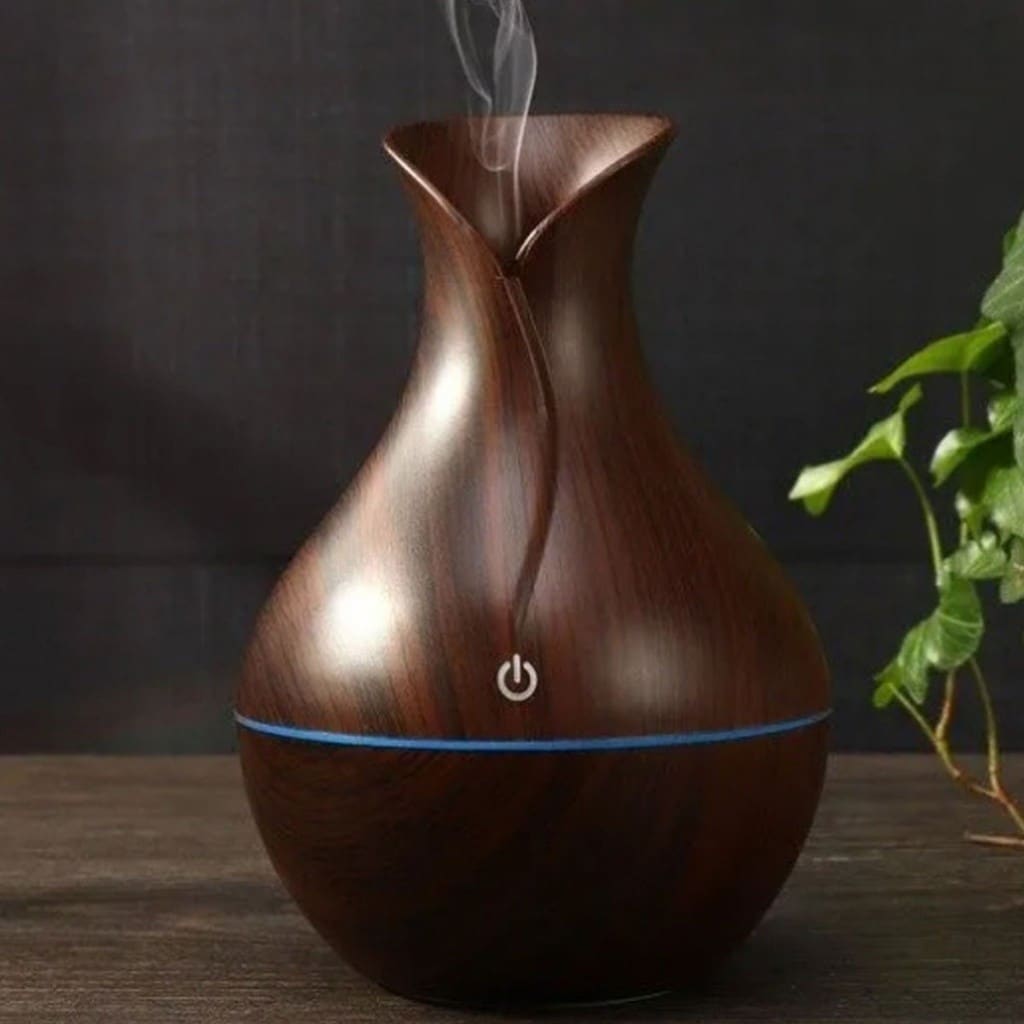 Umidificador Design de Vaso Aromatizador Silencioso textura de Madeira Recarregável com LED ALEX