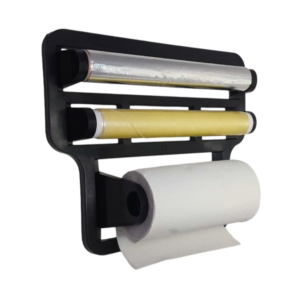 Porta Papel Toalha Triplo Suporte Preto Rolo Cozinha 4 Em 1