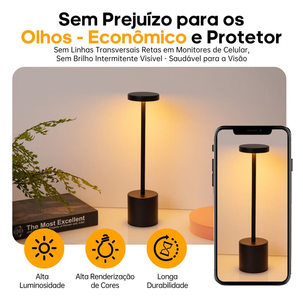 Luminária De Mesa LED Abajur Sem Fio Recarregável Luxo 3 Cores Touch Para Quarto Cabeceira Escrivaninha Estudo