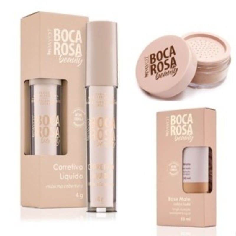 Kit Boca Rosa Beauty Base, Corretivo e Pó Solto Alta Cobertura