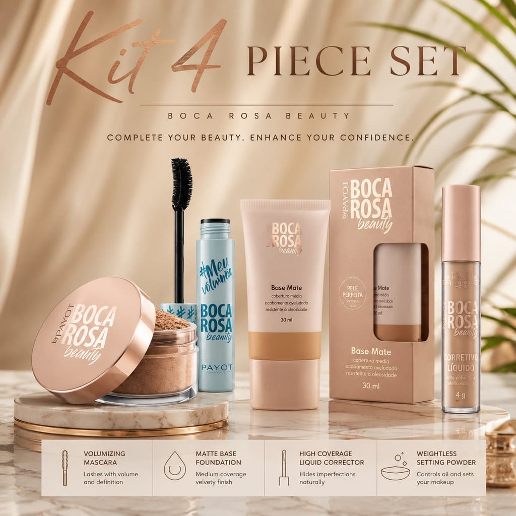 Kit Boca Rosa 4 Peças Base Alta Cobertura + Corretivo + Pó Solto + Máscara de Cílios