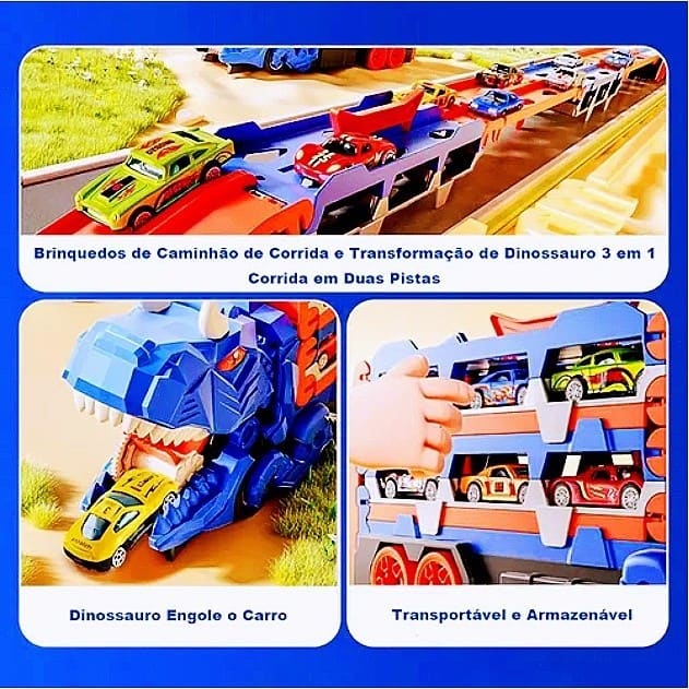 Carro Dinossauro 4 em 1 com Pista 150cm Caminhão Lançador Engole-Carros com 6 Carrinhos de Liga Brinquedo Infantil