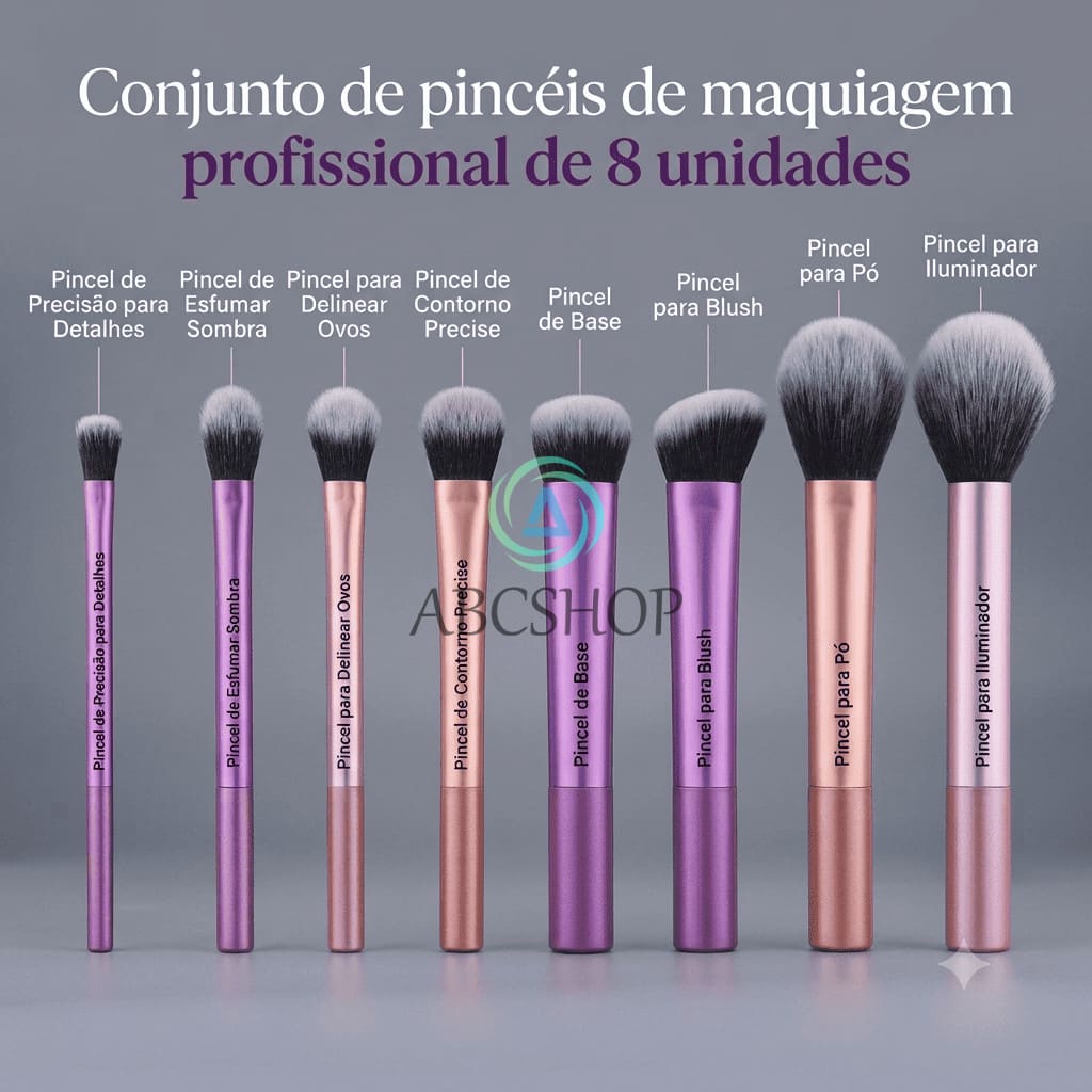 Kit de Pincéis de Maquiagem 8 Peças – Rosa e Roxo