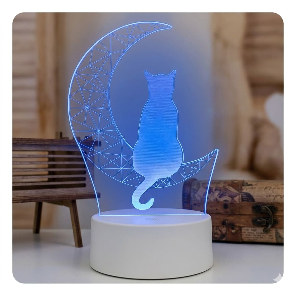 Luminária de Mesa Led 3D RGB Gato na Lua Abajur Decorativo Luz Noturna USB
