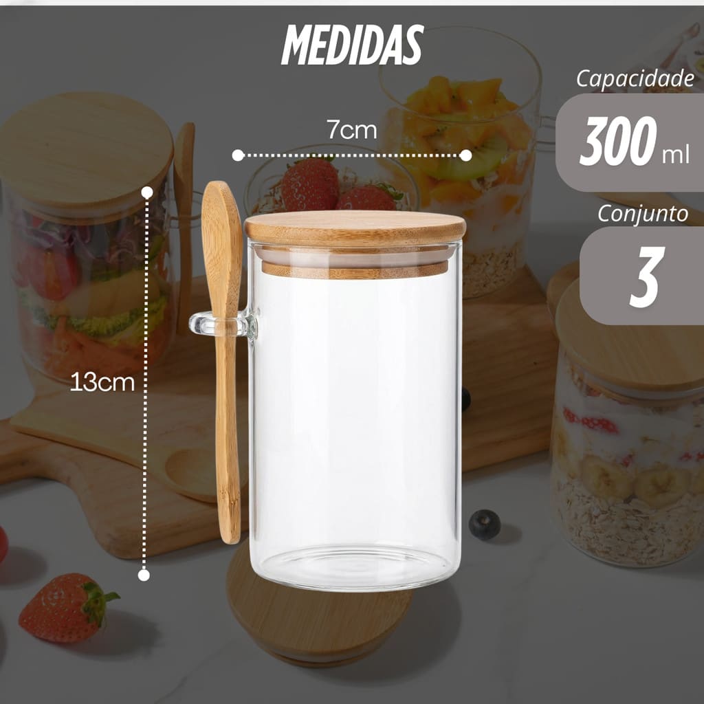 Kit com 12 potes de vidro de 350ml com tampa de bambu c/ Colher herméticos Condimentos e alimentos.