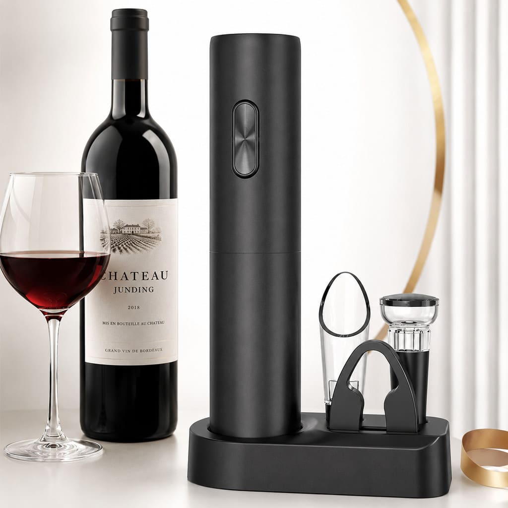 Abridor Elétrico de Vinho Kit 4 em 1 com Aerador Tampa a Vácuo Funciona com Pilhas