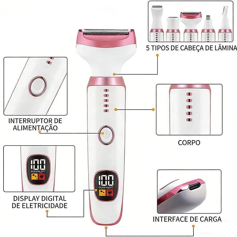 5 Em 1 Depilador Elétrico Multifuncional Com Display LED À Prova D'água Remoção De Pelos Faciais E Corporais Feminino