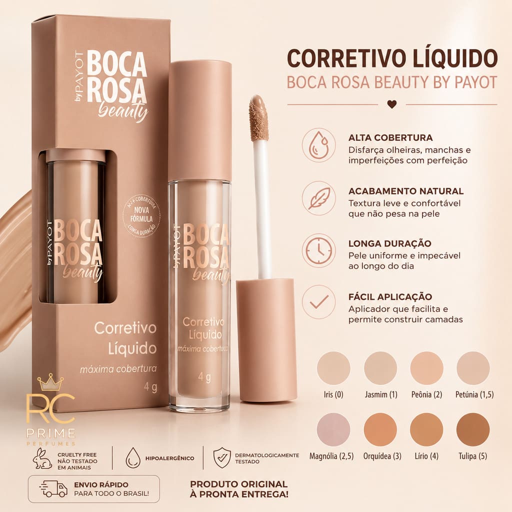 Corretivo Líquido Boca Rosa Beauty by Payot – Alta Cobertura, Longa Duração