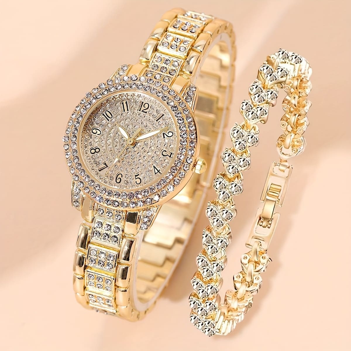 Conjunto De Joias Com Relógio De Pulso Feminino De Quartzo E Bracelete De Diamante Completo - 2 Peças