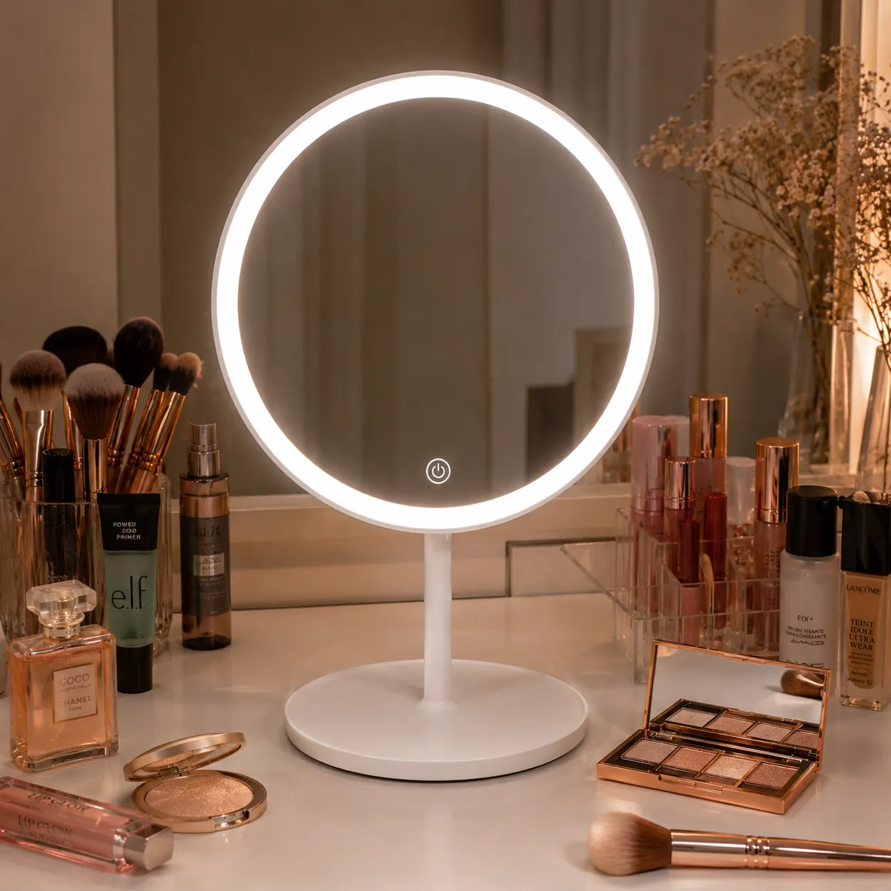 Espelho LED de Mesa com Bandeja Porta Maquiagem Luz 3 Cores Ajustável Touch USB