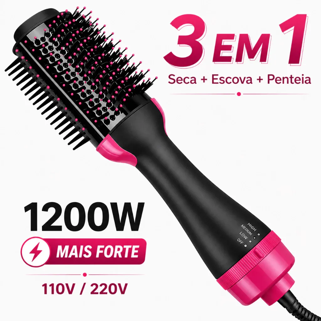 Escova Secadora Alisador Elétrica 3 em 1 Alisa Seca Modela Volumiza Cabelo 110V