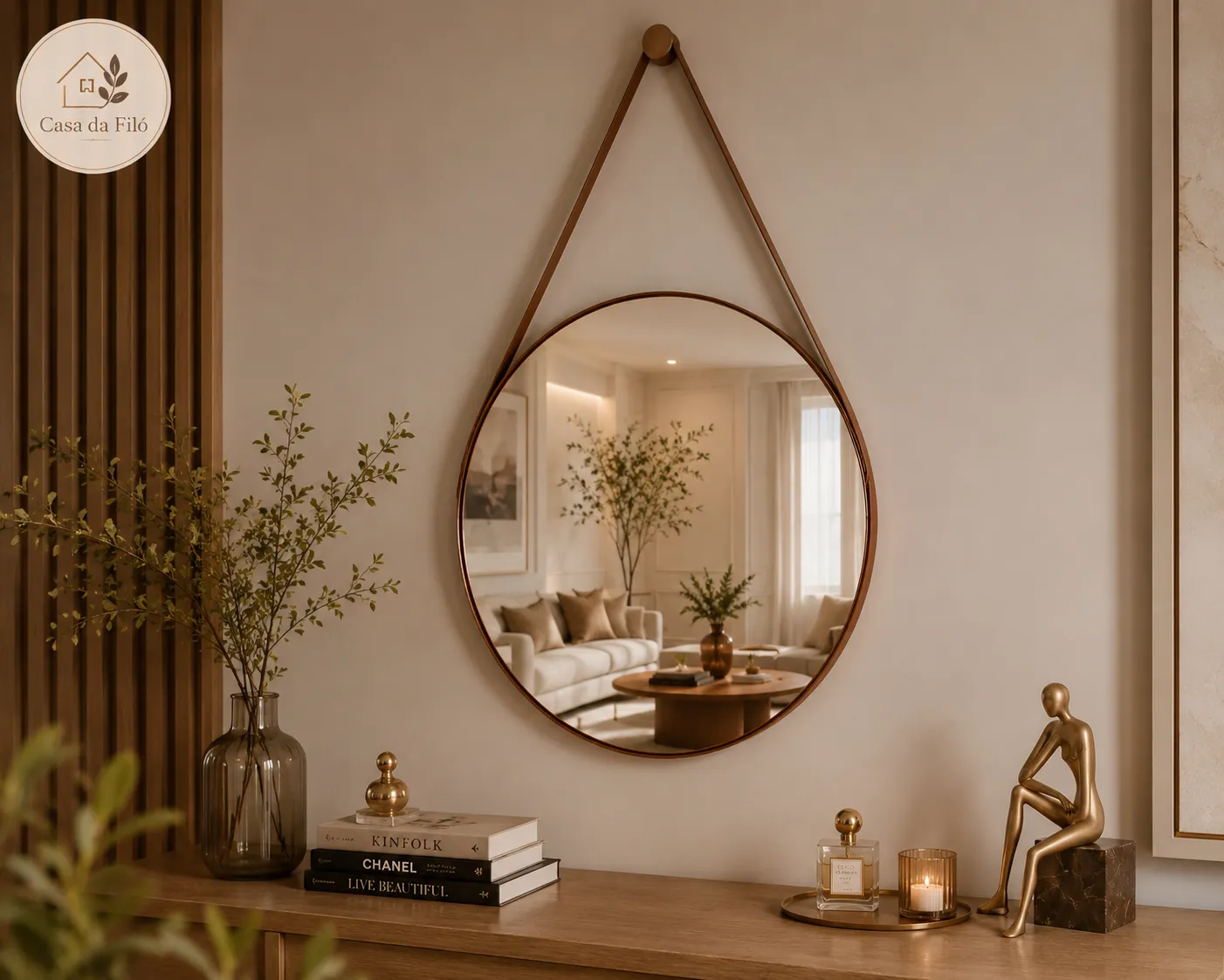 Espelho Decorativo Adnet com Alça em Couro Sintético